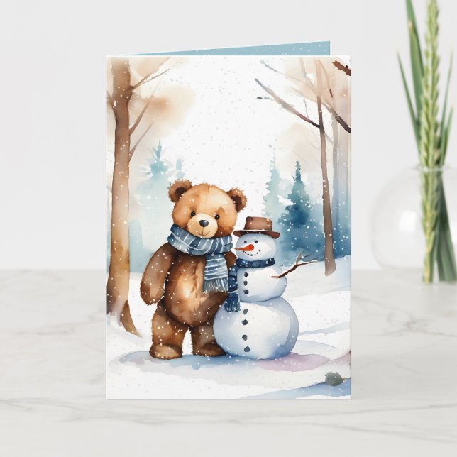 Christmas Teddy Bär und Snowman Feiertagskarte (Vorderseite)