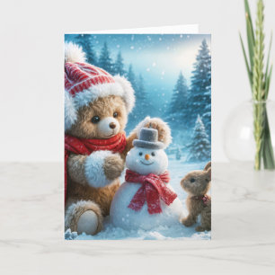 Christmas Teddy Bear Gebäude a Snowman Feiertagskarte