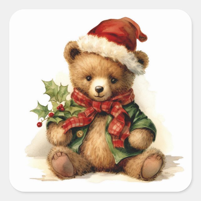 Christmas Teddy Bear Quadratischer Aufkleber (Vorderseite)