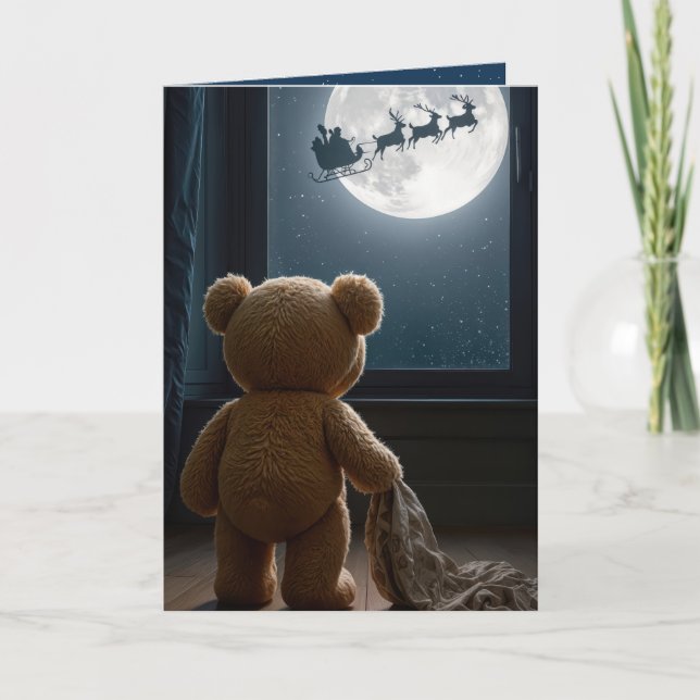 Christmas Teddy Bear Watching Santa Karte (Vorderseite)