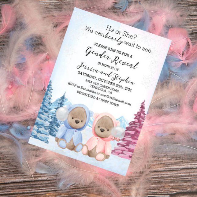 Christmas Teddy Bears Pink Blue Gender Reveal Einladung (Von Creator hochgeladen)