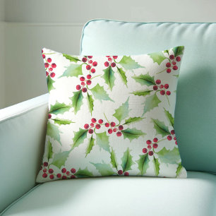 Christmas Throw Pillow Watercolor Holly Berry Kissen