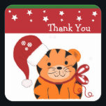 Christmas Tiger Danke Quadratischer Aufkleber<br><div class="desc">Ein niedlicher Dank an diesen Cartoon-Tiger,  der mit einem rot-weißen Hut und kleinen Schneeflocken voll gestopft ist. Ein roter Bogen um den Hals. Ein roter Rand mit weißen Sternen betont es.</div>