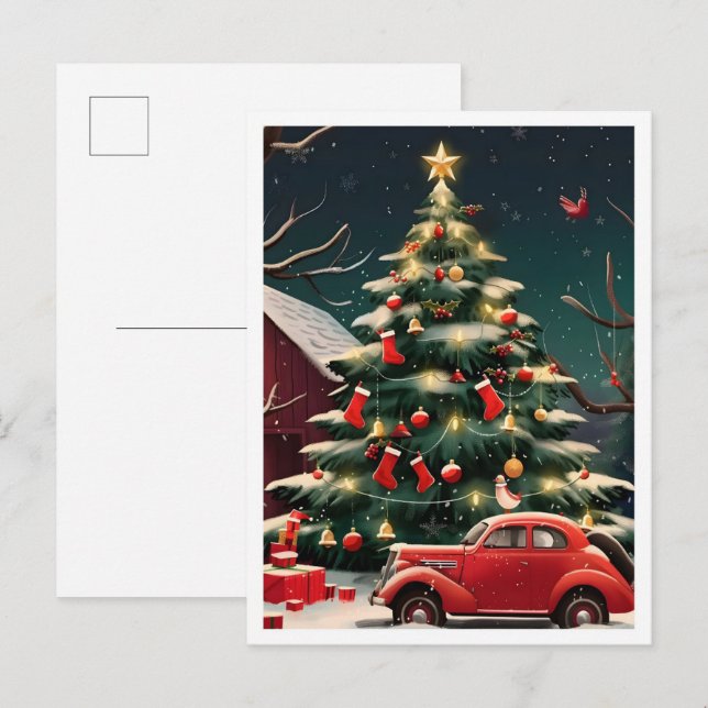 Christmas Tree and Vintage Car Postkarte (Vorne/Hinten)