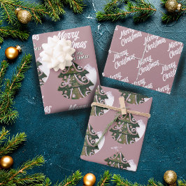 Christmas Tree Artistic Green Pink Merry Script Geschenkpapier Set