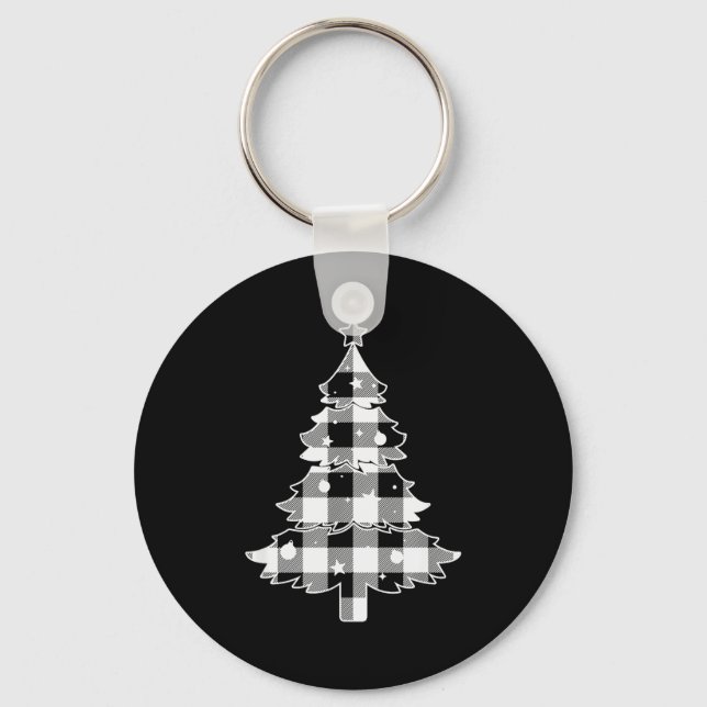 Christmas Tree Black &amp; White Buffalo Plaid Mer Schlüsselanhänger (Vorderseite)