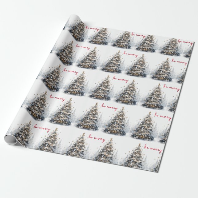Christmas Tree Blue Gold Satin Be Merry Geschenkpapier (Ungerollt)