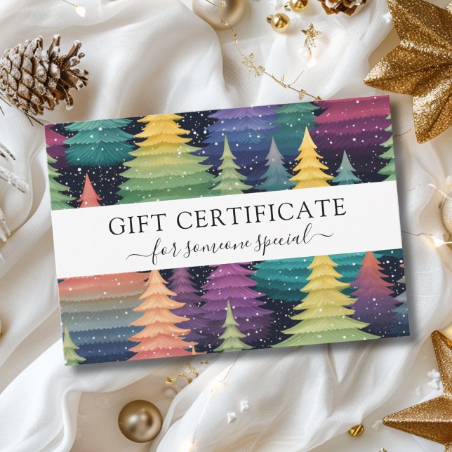 CHRISTMAS TREE BUSINESS CERTIFICCCENT Geschenk für (Modern, Christmas Trees -Green, Yellow, Red, Purple-Pattern, Salon, Business, Gift Certificate.)