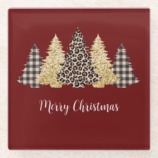 Christmas Tree Cheetah Print Buffalo Karierter Gli Glasuntersetzer (Vorderseite)