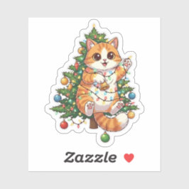 Christmas Tree Climber Cat Tangled in Lights Holid Aufkleber