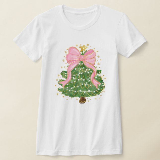 Christmas Tree Coquette Pink Bow Holiday T-Shirt (Poser)