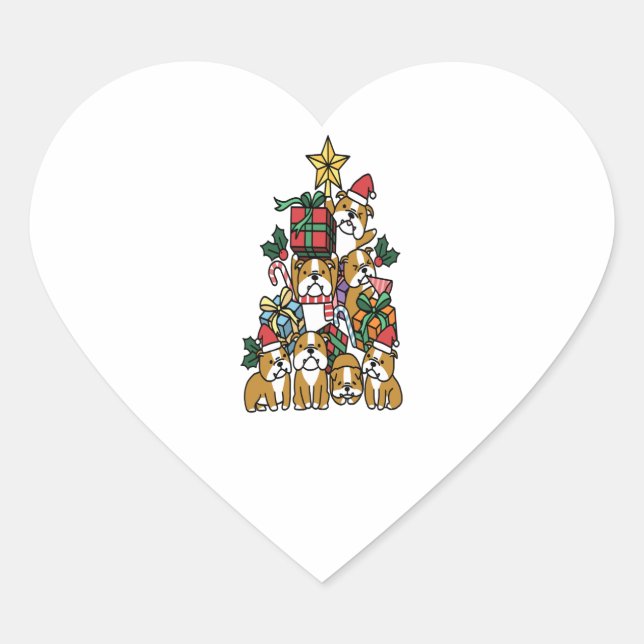 Christmas Tree English Bulldog Dog Long Sleeve Herz-Aufkleber (Vorderseite)