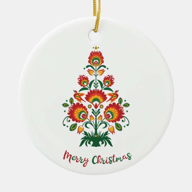 🎄 Christmas tree folklore [red, yellow] white Keramik Ornament (Vorne)