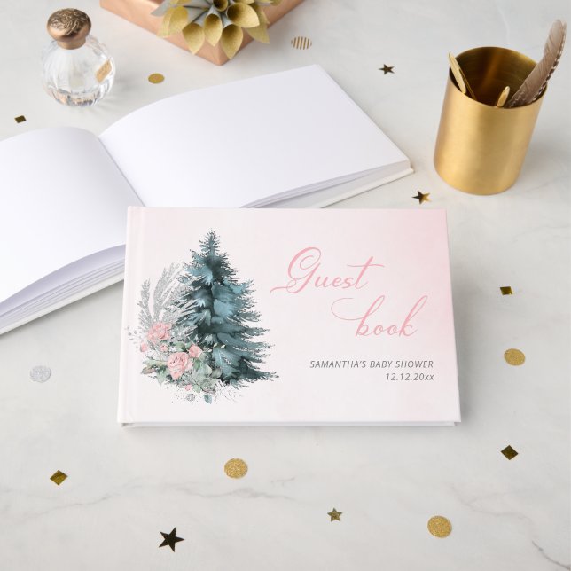 Christmas tree Frosty pink rose Baby shower Gästebuch (Vorderseite Offen)