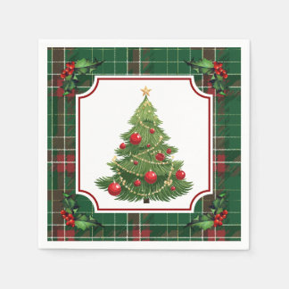 Christmas Tree Green Plaid with Holly Serviette