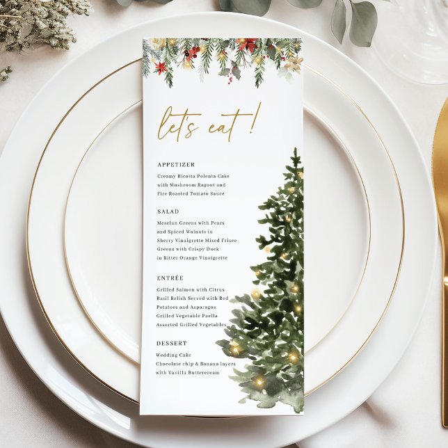 Christmas Tree Lights Pine Winter Wedding Dinner Menükarte (Christmas wedding menu with pine tree art and winter greenery, elegant festive dinner stationery)