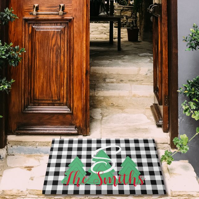 Christmas Tree Monogram Schwarz-weiß Buffalo Karie Fußmatte (Von Creator hochgeladen)