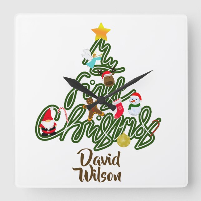  Christmas Tree Name My First Christmas for Kids Quadratische Wanduhr (Vorderseite)