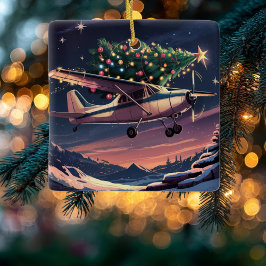 Christmas Tree on Cessna Airplane Photo Funny Keramikornament