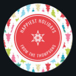 CHRISTMAS TREE PATTERN Festlich modern minimalrot Runder Aufkleber<br><div class="desc">per kat massard >>> www.simplysweetpaperie.com<<< A cute little personalized sticker that can be used for any occasion - handmade craft items for Christmas, small business, or to dress up your personal seasonal stationery. Setup as a template it is easy to customize with your own text - make it yours! >>>...</div>