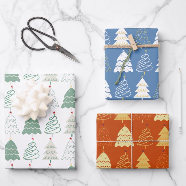 Christmas Tree Pattern in Retro Green Blue Russet Geschenkpapier Set (Vorderseite)