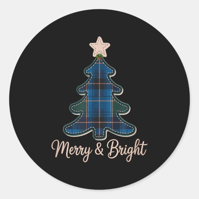 Christmas Tree Pattern Tartans Greens And Blue Pla Runder Aufkleber (Vorderseite)