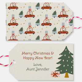 Christmas Tree Red Car Illustration Gift Tags Geschenkanhänger
