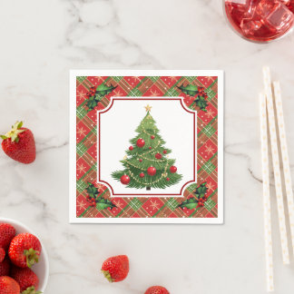 Christmas Tree Red Plaid with Holly Serviette