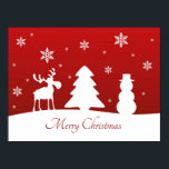 Christmas Tree Reindeer Snowman Poster<br><div class="desc">Modern minimalist simple Christmas illustration featuring white silhouettes of reindeer,  tree,  snowman and snowflakes with Merry Christmas greeting on a red background.</div>