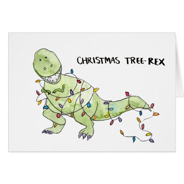 Christmas Tree-Rex Funny Christmas Watercolor Card (Vorderseite (Horizontal))