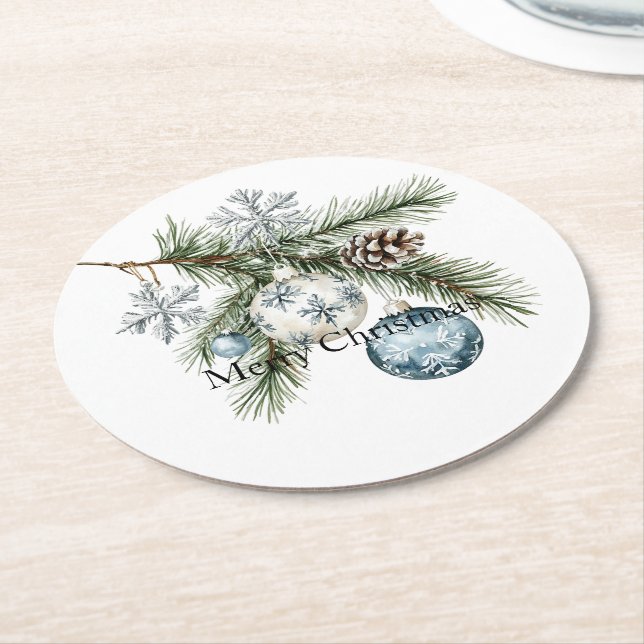Christmas Tree Silver Snowflakes Blue Ornaments Runder Pappuntersetzer (Angewinkelt)