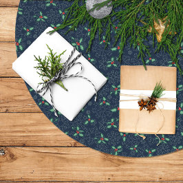 Christmas tree skirt, holly and snowflakes on blue polyester weihnachtsbaumdecke