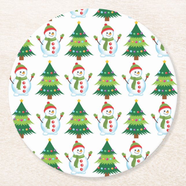 Christmas Tree Snowman Cute Holiday Cute Pattern 6 Runder Pappuntersetzer (Vorderseite)