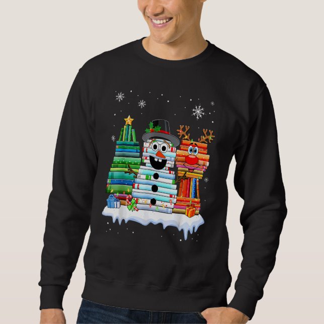 Christmas Tree Snowman Reindeer Book Stack Librari Sweatshirt (Vorderseite)