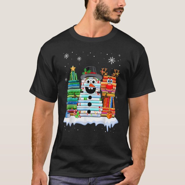 Christmas Tree Snowman Reindeer Book Stack Librari T-Shirt (Vorderseite)