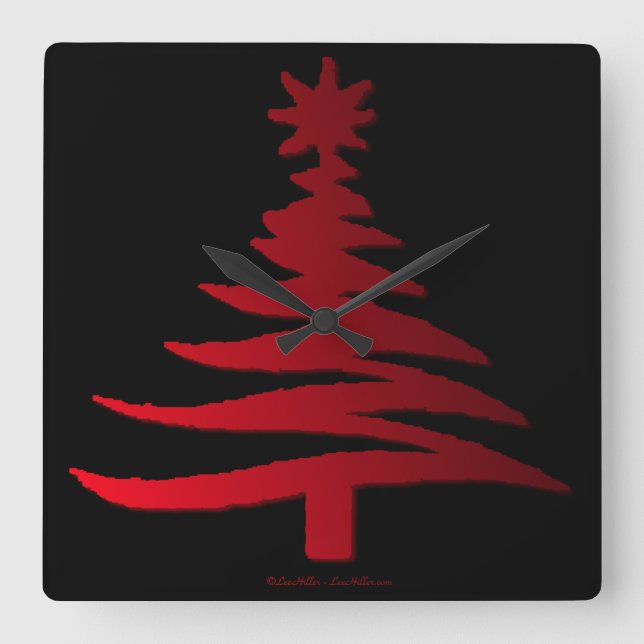 Christmas Tree Stencil Red Quadratische Wanduhr (Vorderseite)