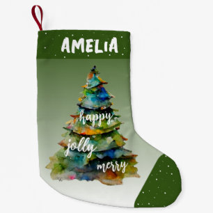 Christmas Tree Watercolor Merry Jolly Happy Green Kleiner Weihnachtsstrumpf