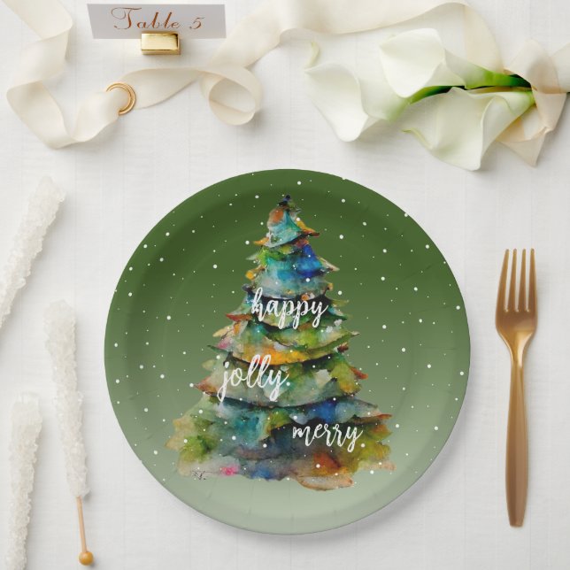 Christmas Tree Watercolor Merry Jolly Happy Pappteller (Hochzeit)