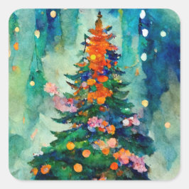 Christmas Tree with sparkly lights w/ snowy trees Quadratischer Aufkleber