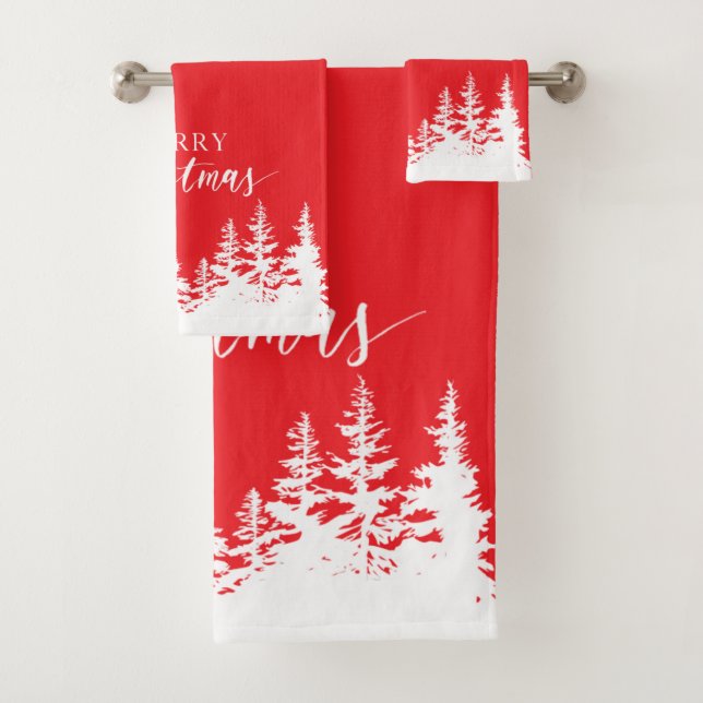 Christmas Trees Bath Towel Set Red and White (En situation)