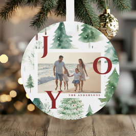 Christmas Trees Watercolor Red Joy Photo Holiday Ornament