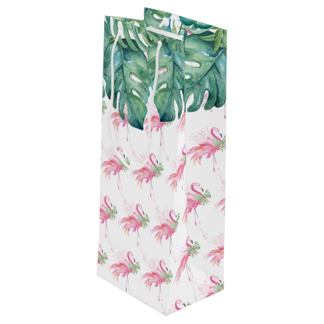 Christmas Tropical Pink Flamingo Geschenktüte Für Weinflaschen (Rückseite Schrägansicht)