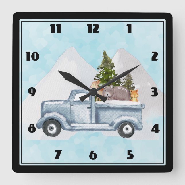 Christmas Truck Carrying Trees & Animals Quadratische Wanduhr (Vorderseite)