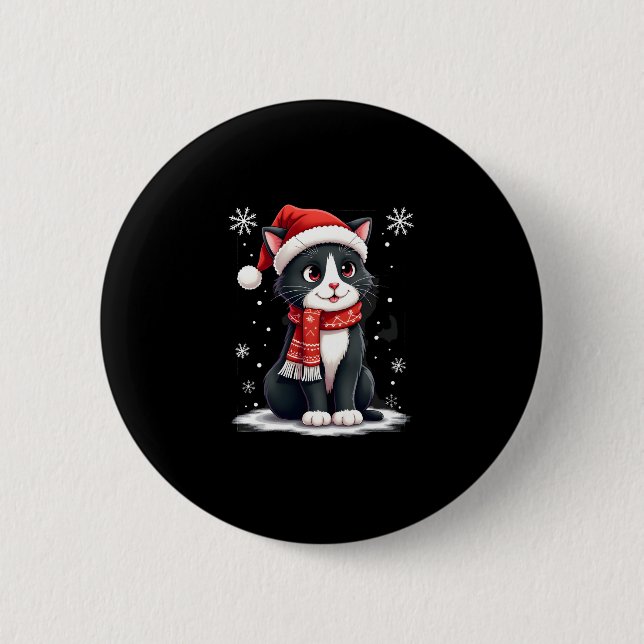 Christmas Tuxedo Cat Santa Scarf Ugly Xmas Women G Button (Vorderseite)