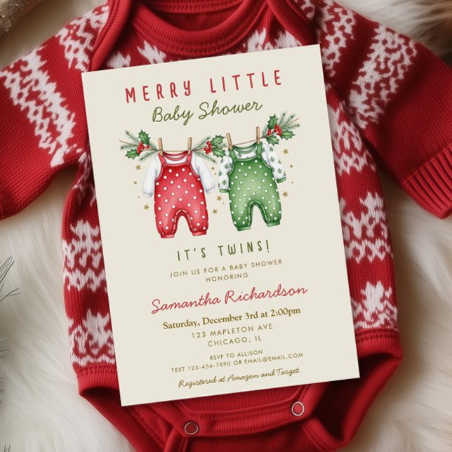 Christmas Twins Clothes Merry little baby shower  Einladung (Von Creator hochgeladen)