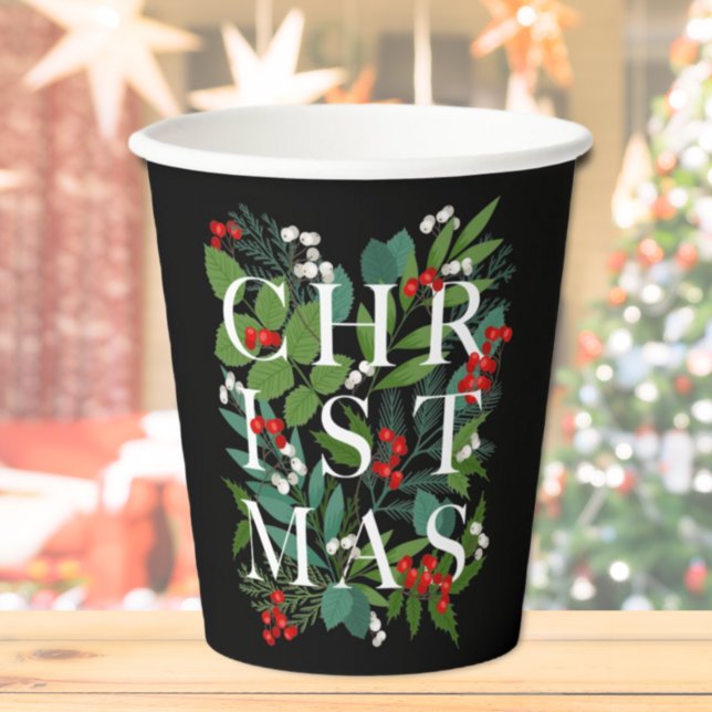 CHRISTMAS Typografie Berries Greenerity Black Pappbecher (Von Creator hochgeladen)