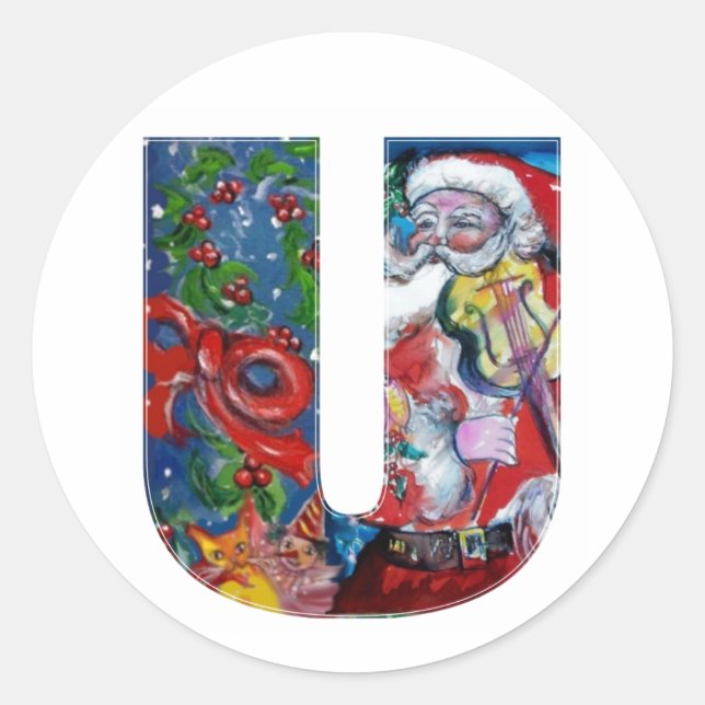 CHRISTMAS U BRIEF / SANTA MIT VIOLIN MONOGRAM RUNDER AUFKLEBER (Vorderseite)