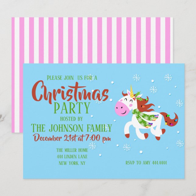 Christmas Unicorn Cartoon Einladung (Vorne/Hinten)