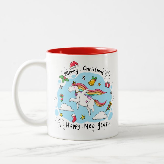 Christmas Unicorn Doodle Red Zweifarbige Tasse (Links)