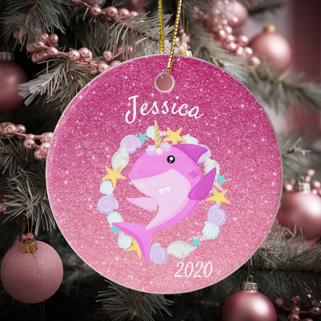 Christmas Unicorn Pink Shark Glitter Custom Keramik Ornament (Von Creator hochgeladen)